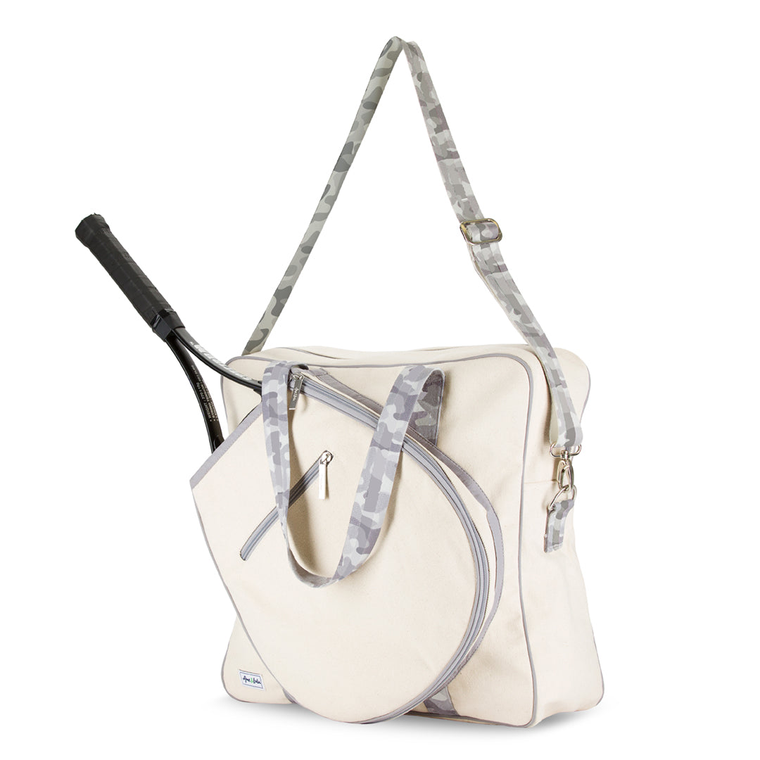 Side view of grey camo strap canvas tennis tote