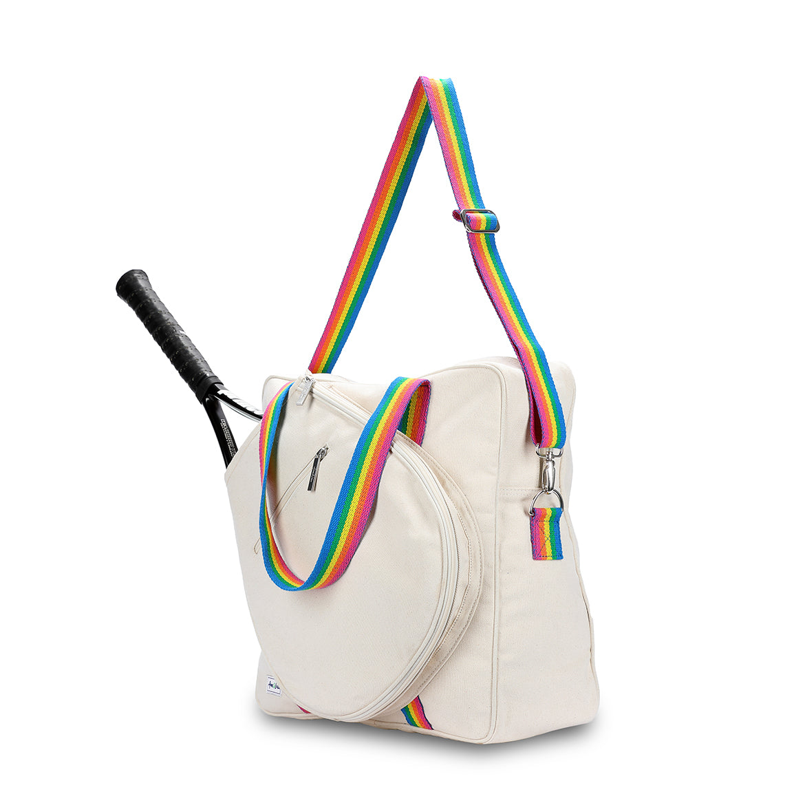 Side view of canvas tennis tote with rainbow striped straps
