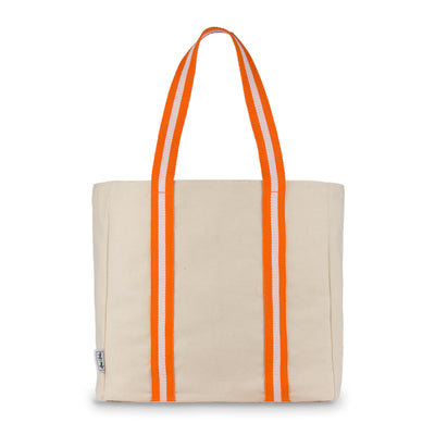 natural canvas tote with orange and white cotton webbing straps