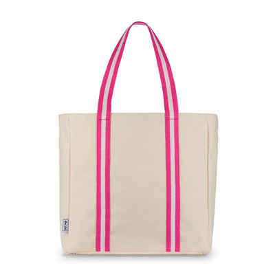 natural canvas tote with hot pink and white cotton webbing straps