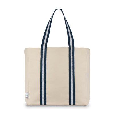 natural canvas tote with navy and white cotton webbing straps