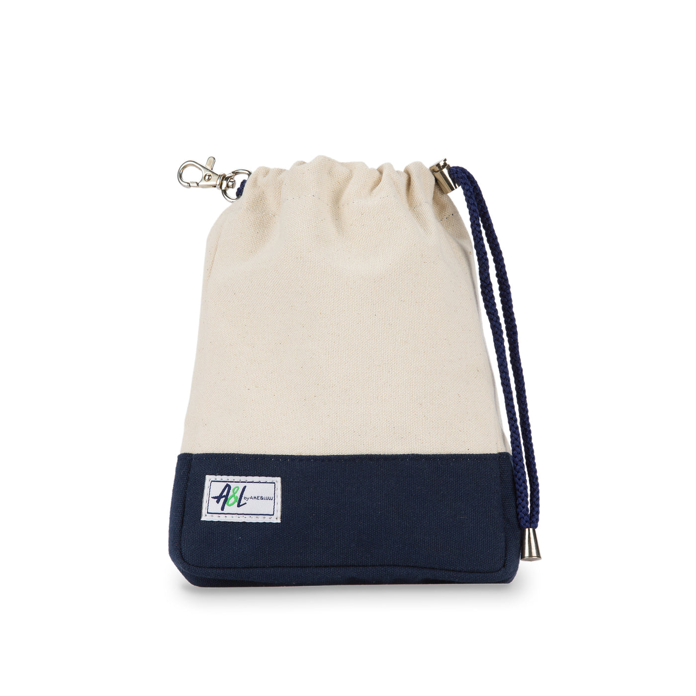 tan canvas small drawstring pouch with navy trim.
