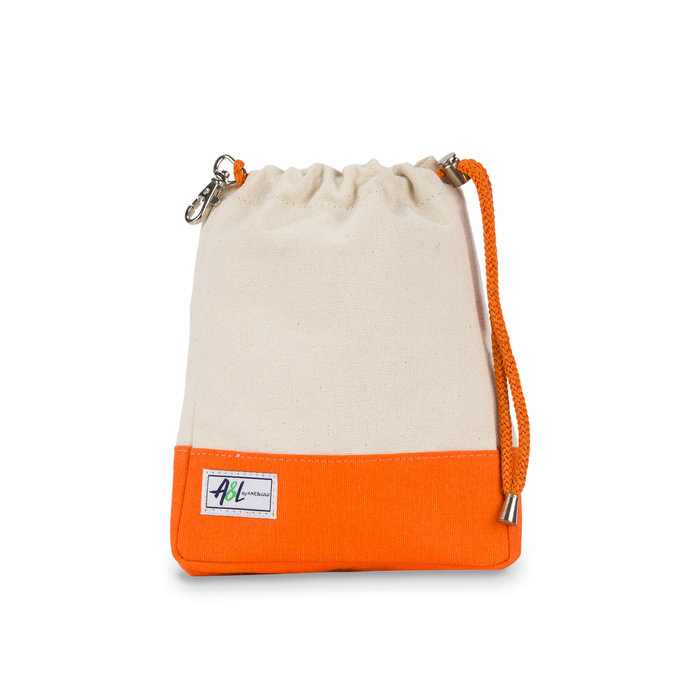 tan canvas small drawstring pouch with orange trim.