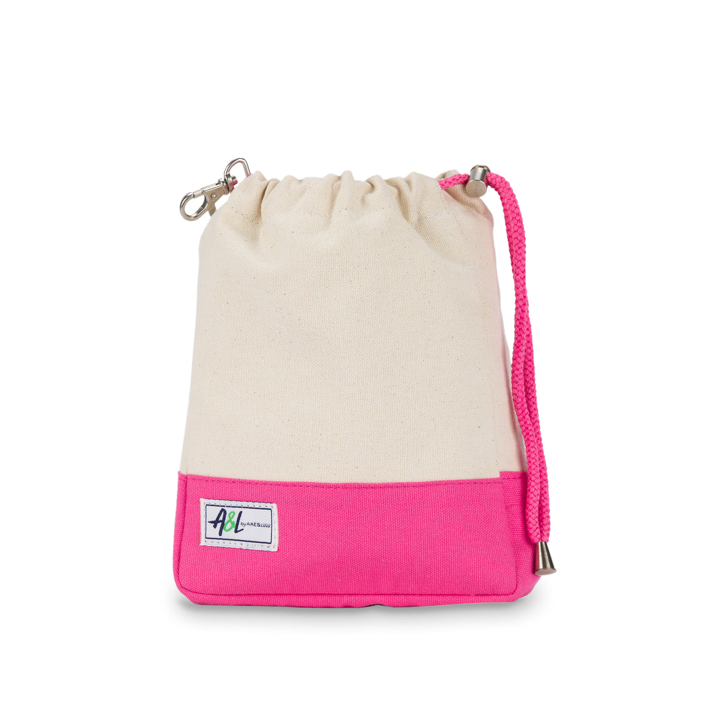 tan canvas small drawstring pouch with hot pink trim.
