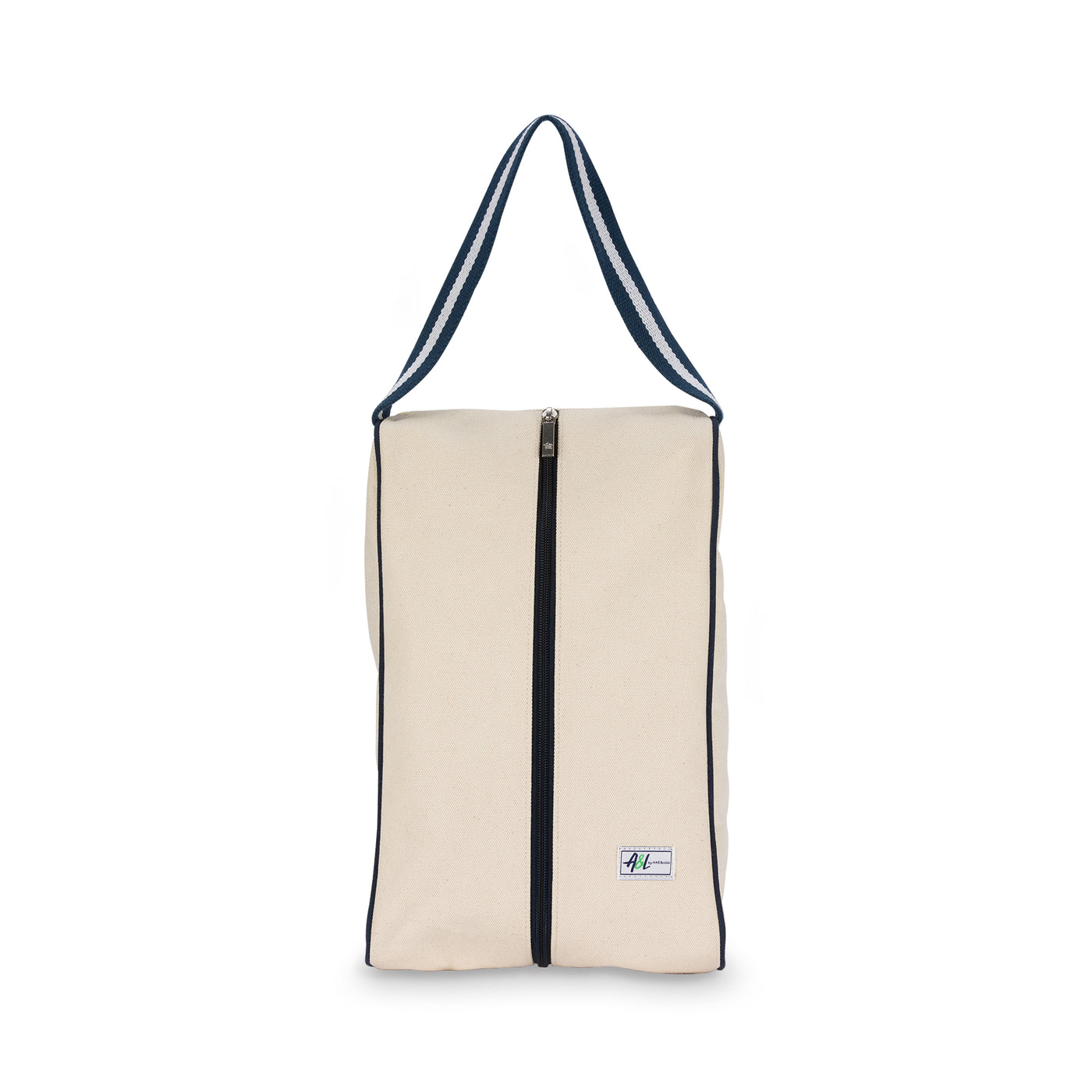 rectangular tan canvas shoe bag with navy handles.