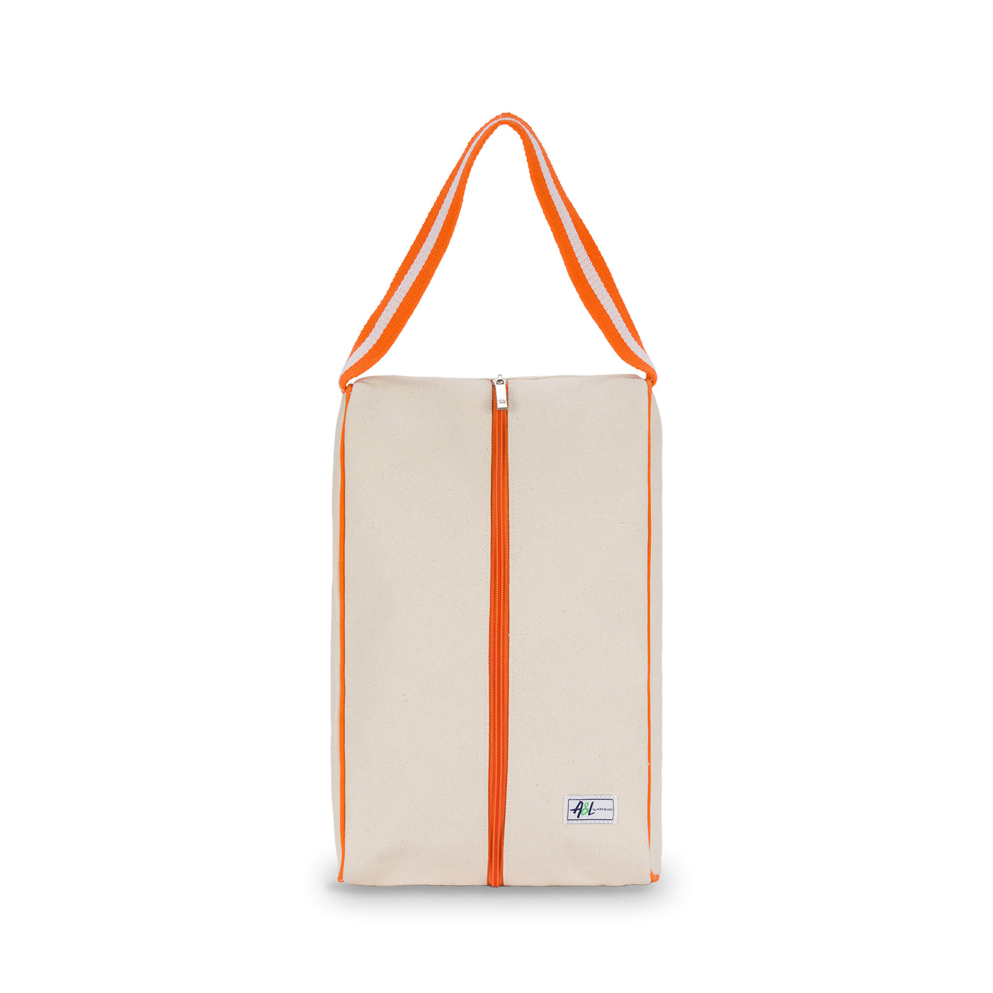 rectangular tan canvas shoe bag with orange handles.