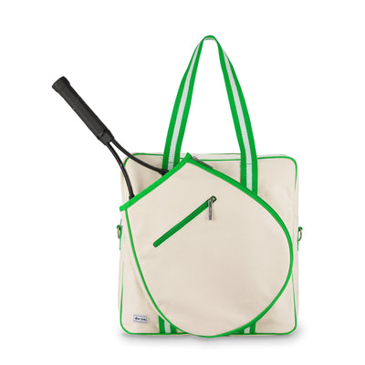 Front view of large canvas tennis tote with front pocket for tennis racquet. Tote has lime green trim and handles.