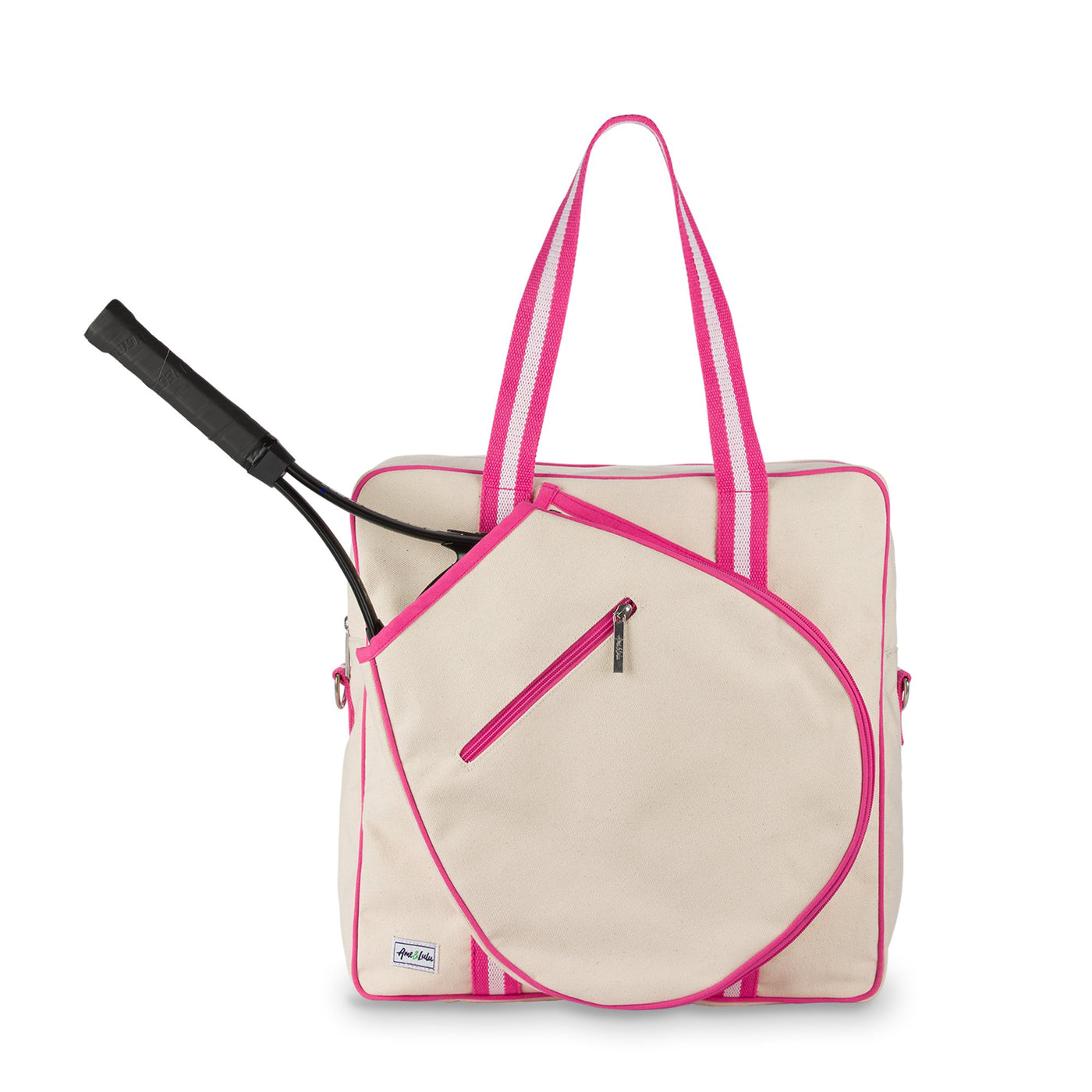 Front view of large canvas tennis tote with front pocket for tennis racquet. Tote has hot pink trim and handles.