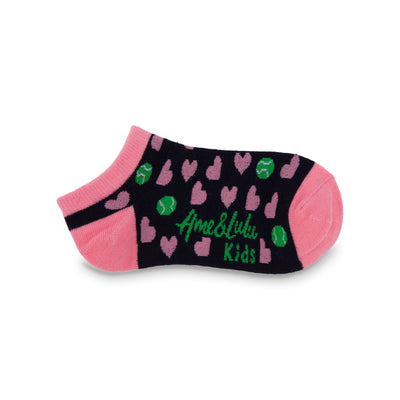 pair of navy kids socks with pink heel and toes with heart and tennis ball pattern stitched on sock