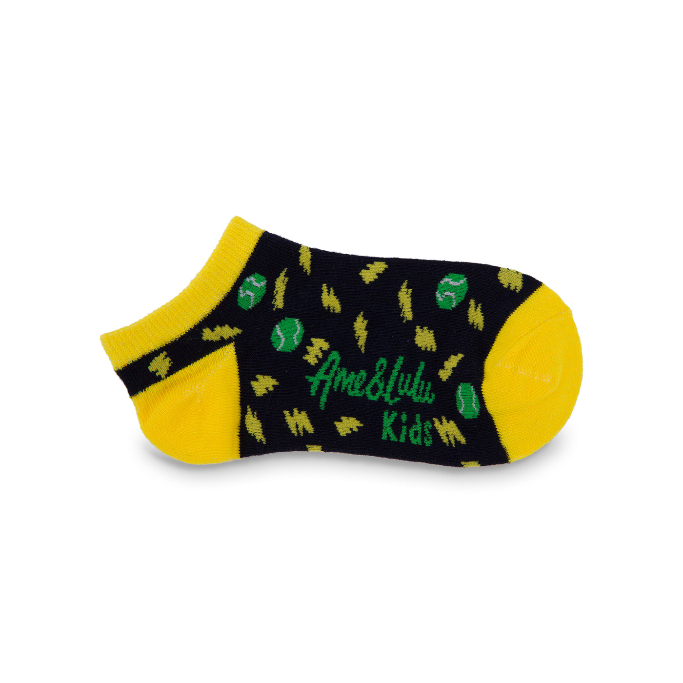 pair of navy kids socks with yellow heel and toes with lightning bolt and tennis ball pattern stitched on sock