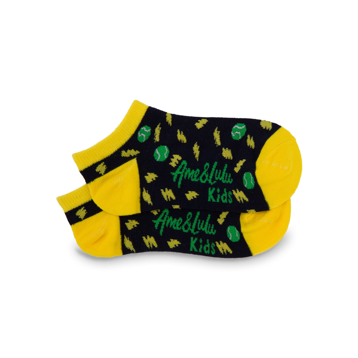 pair of navy kids socks with yellow heel and toes with lightning bolt and tennis ball pattern stitched on sock