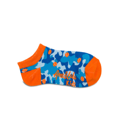 pair of blue camo kids socks with orange heel, toes and orange tennis balls stitched on socks