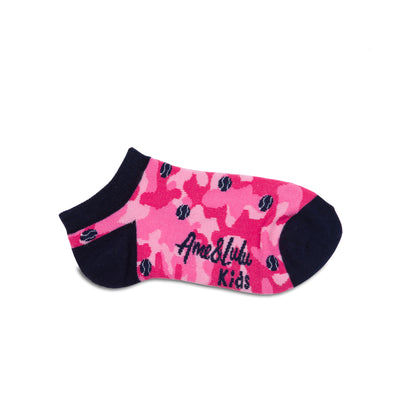 pair of hot pink camo kids socks with navy heel and toes, and navy tennis balls stitched on socks