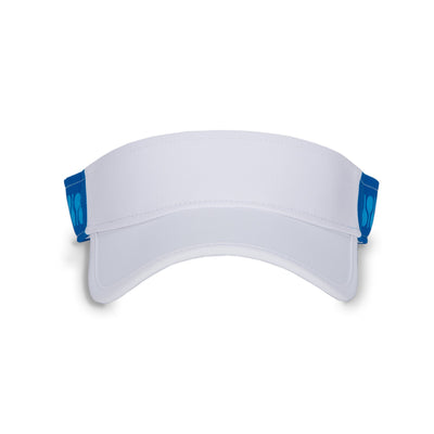 Front view of Blue tonal Racquets Head in the game visor. Front of visor is white and the sides are dark blue with light blue racquets printed on.