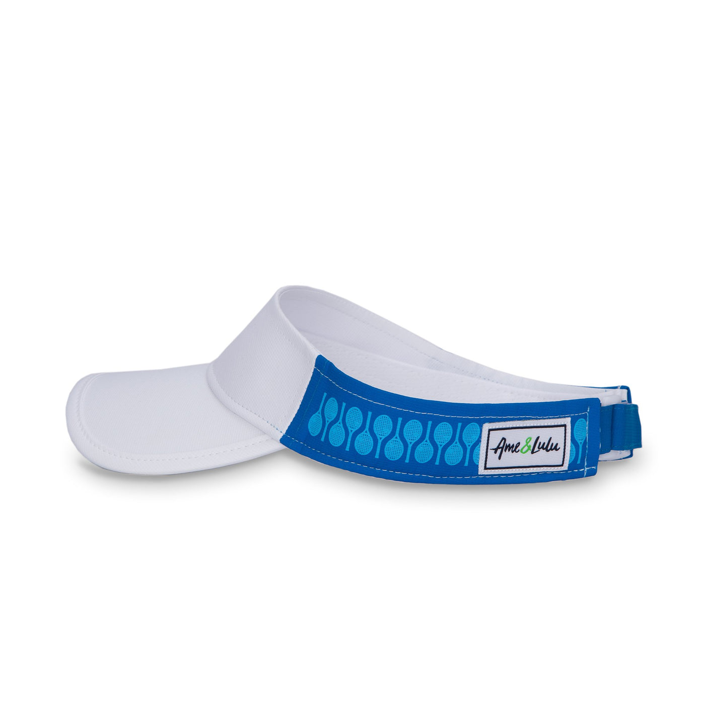 Side view of Blue tonal Racquets Head in the game visor. Front of visor is white and the sides are dark blue with light blue racquets printed on.
