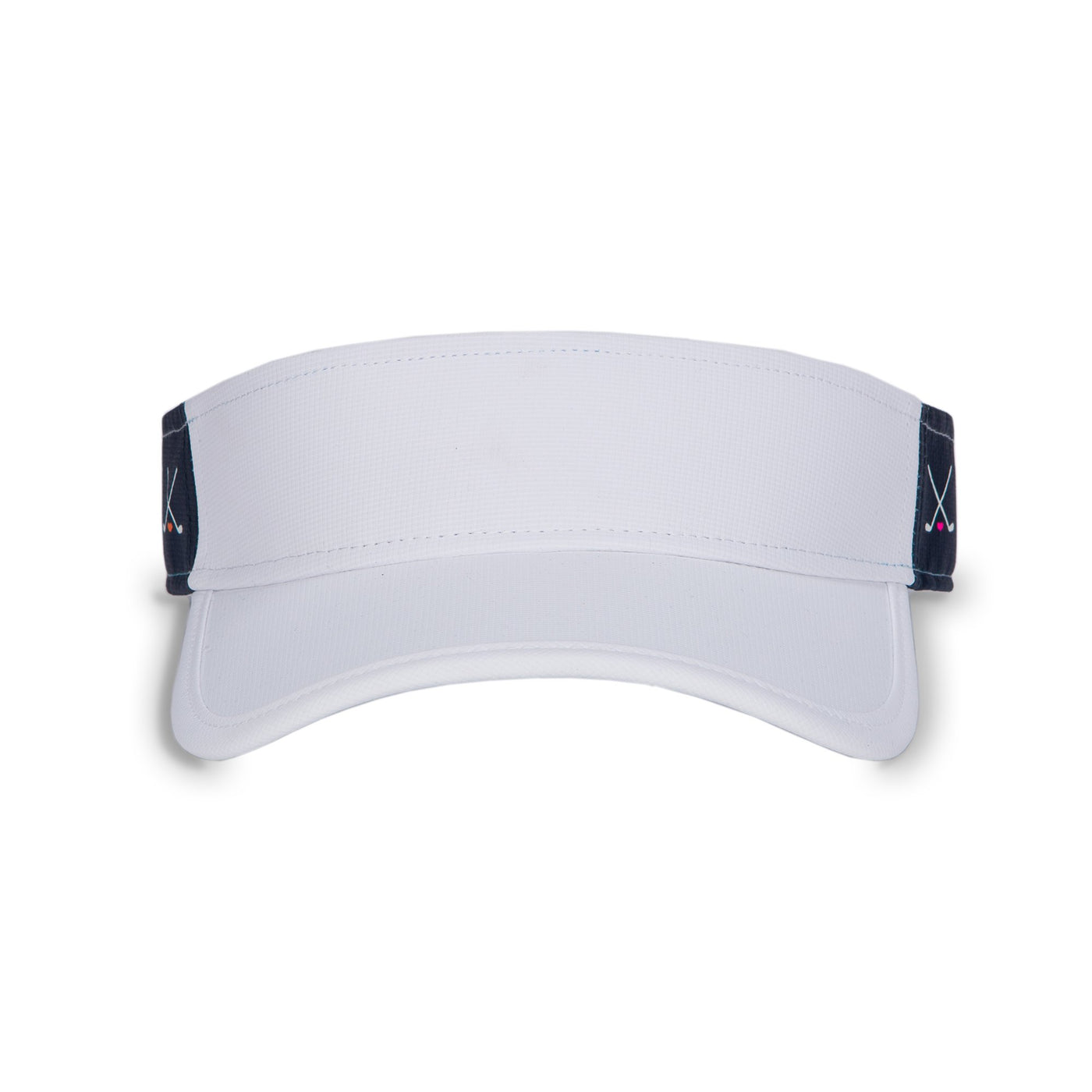 front view of navy womens visor with white crossed golf clubs printed on sides