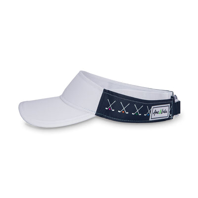 side view of navy womens visor with white crossed golf clubs printed on sides