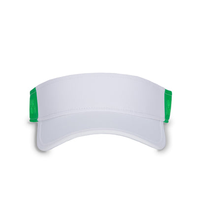 Front view of green tonal Racquets Head in the game visor. Front of visor is white and the sides are dark green with lime green racquets printed.