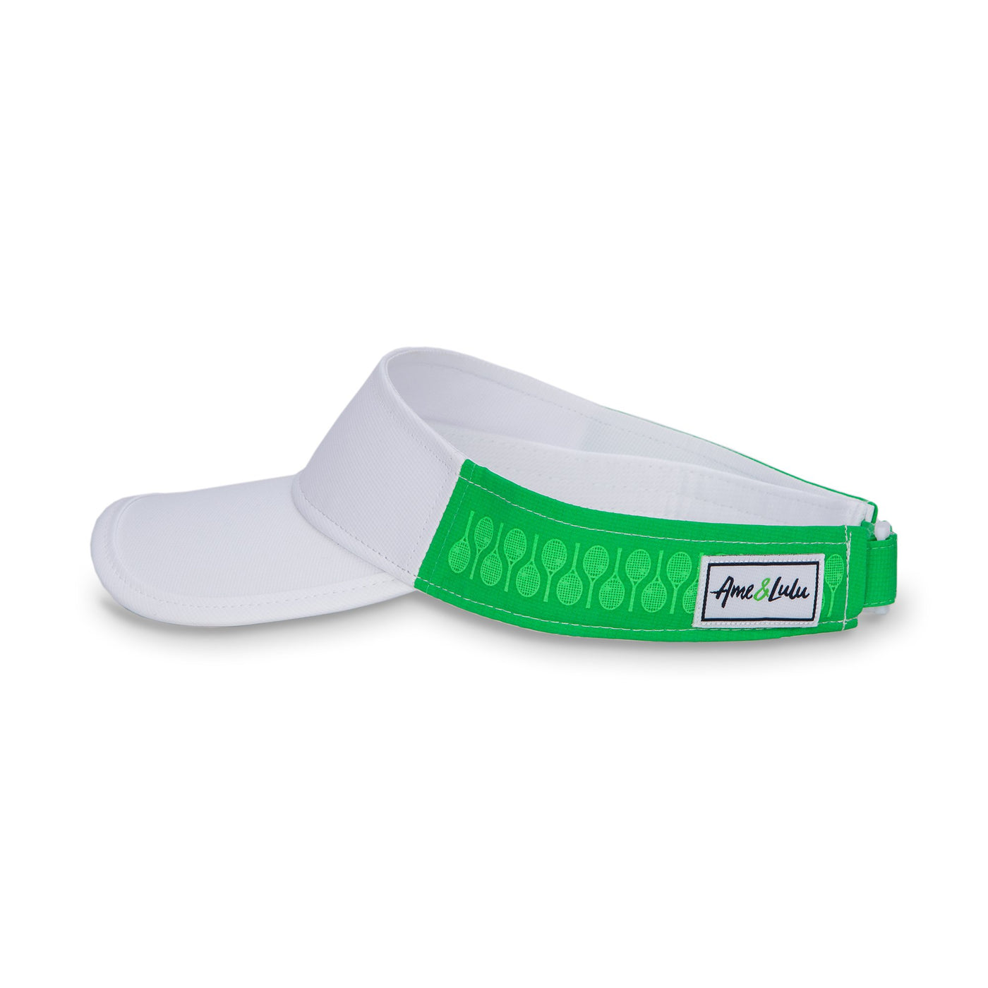 Side view of green tonal Racquets Head in the game visor. Front of visor is white and the sides are dark green with lime green racquets printed.