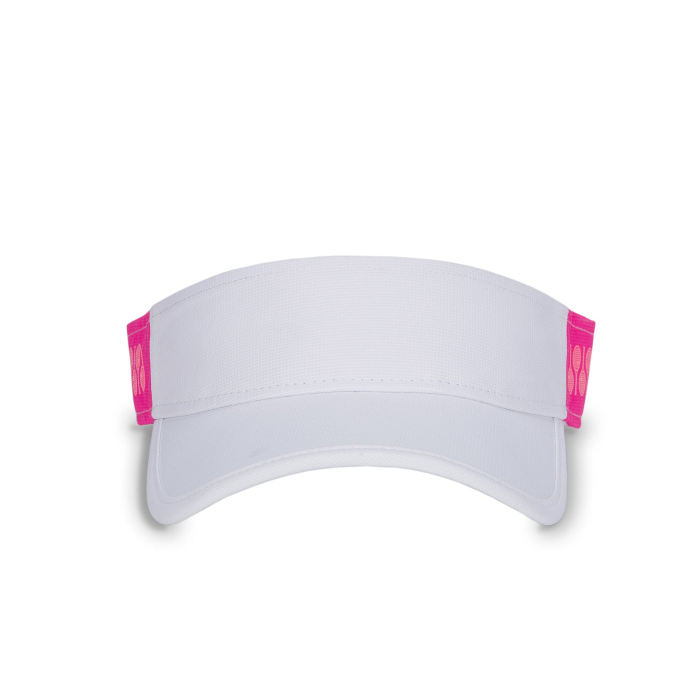 Front view of pink tonal Racquets Head in the game visor. Front of visor is white and the sides are hot pink with bright pink racquets printed.