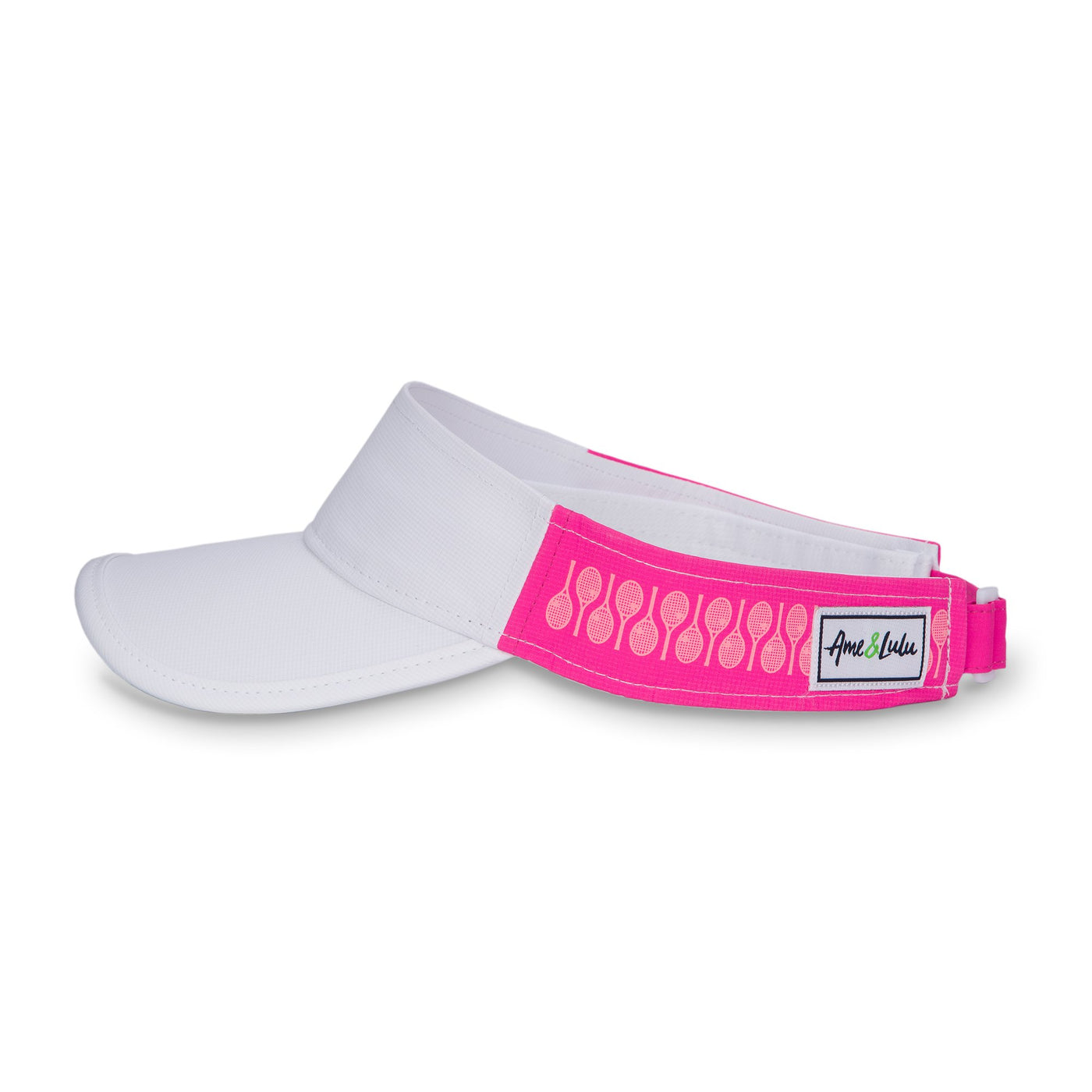 Side view of pink tonal Racquets Head in the game visor. Front of visor is white and the sides are hot pink with bright pink racquets printed.