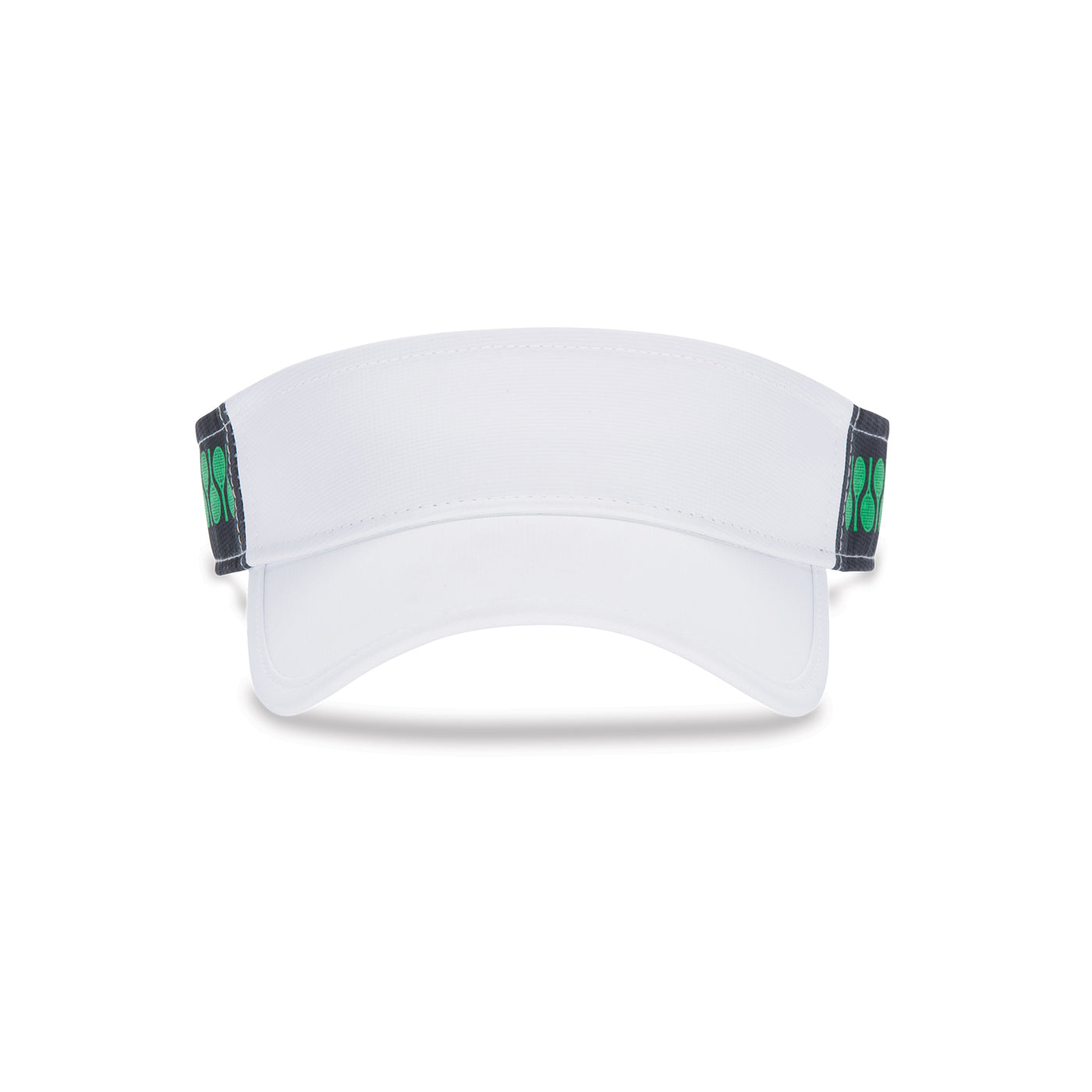 Front view of Racquets Head in the game visor. Front of visor is white and the sides are navy with green racquets printed on the navy.