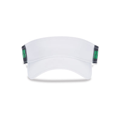 Front view of Racquets Head in the game visor. Front of visor is white and the sides are navy with green racquets printed on the navy.