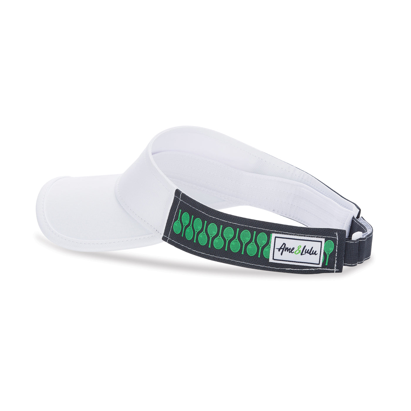 Side view of Racquets Head in the game visor. Front of visor is white and the sides are navy with green racquets printed on the navy.