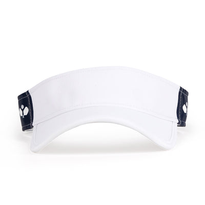 front view of white visor with navy sides that have a repeat white crossed paddle pattern