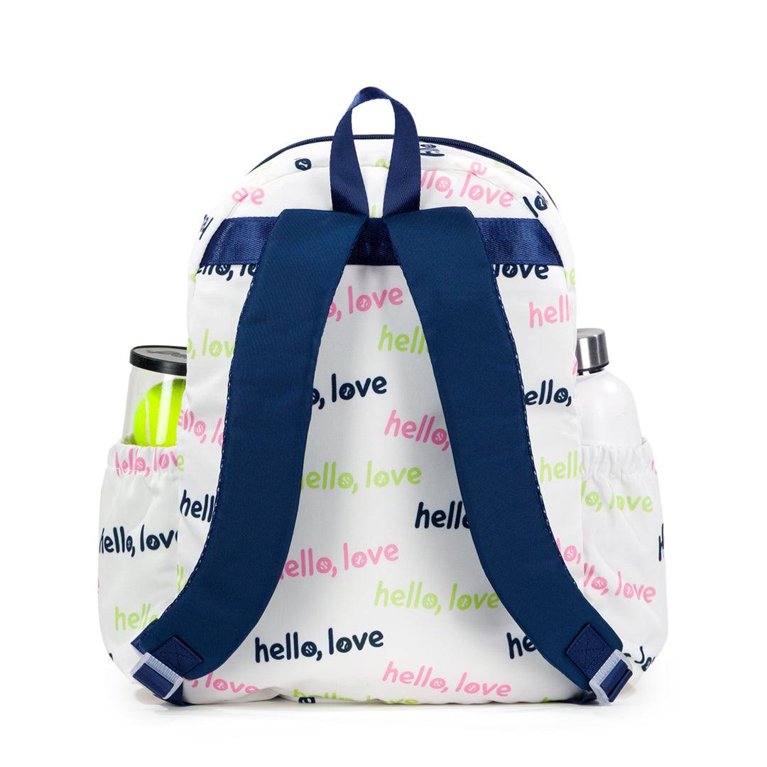 Back view of white kids tennis backpack with repeating patterns of the words hello love in pink green and navy.
