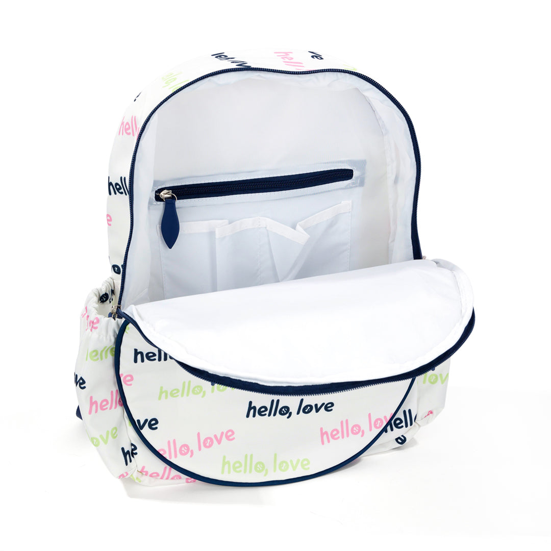 Inside view of white kids tennis backpack with repeating patterns of the words hello love in pink green and navy.