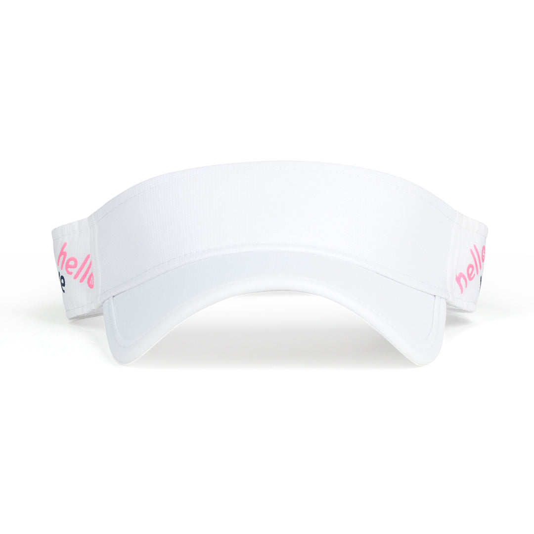 Front view of white kids visor with the words hello love in the colors pink green and navy printed on the sides.