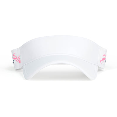 Front view of white kids visor with the words hello love in the colors pink green and navy printed on the sides.
