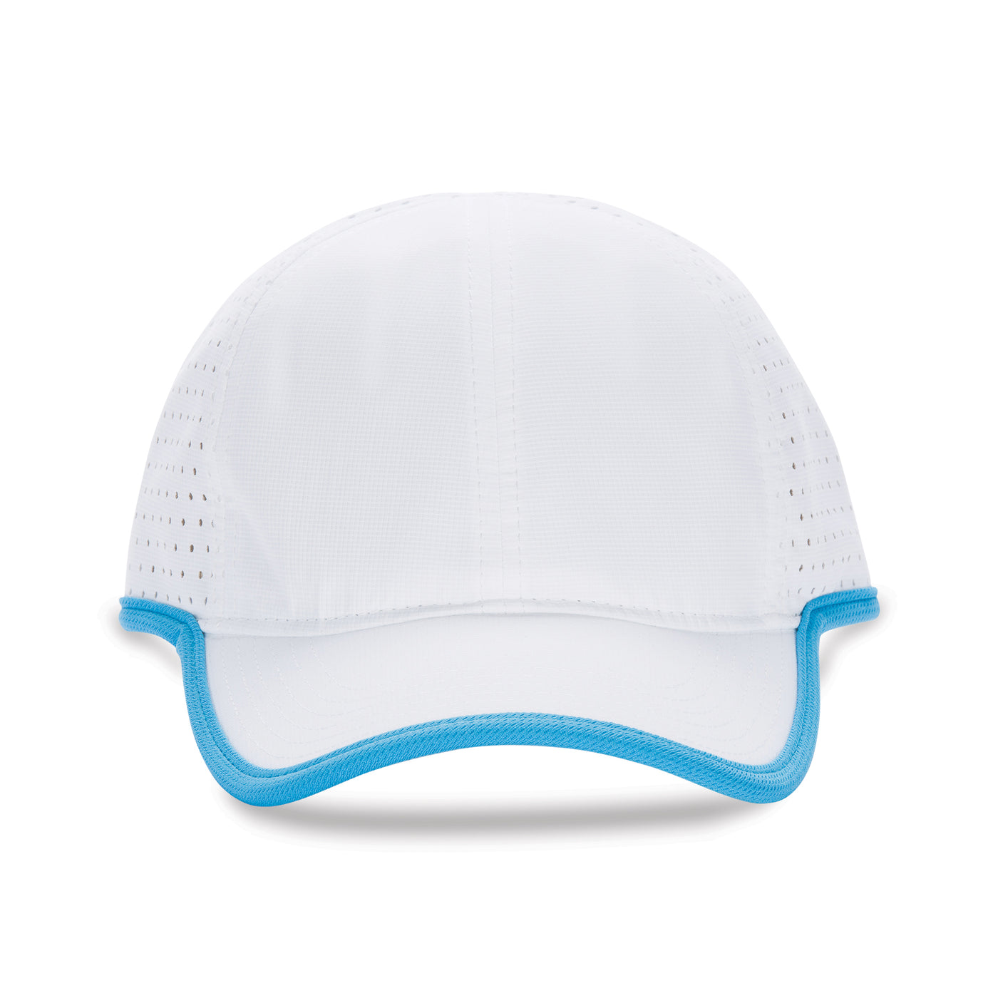 front view of white sport hat with blue trim.