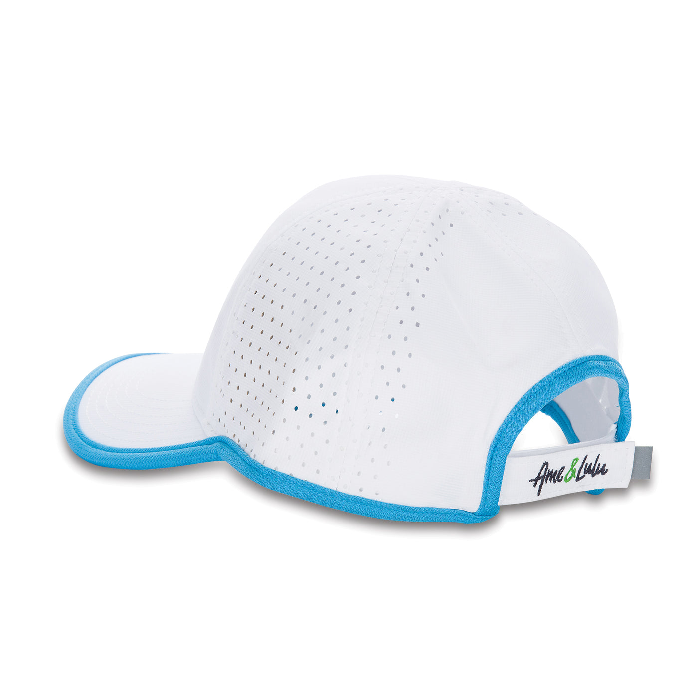 side view white sport hat with blue trim.