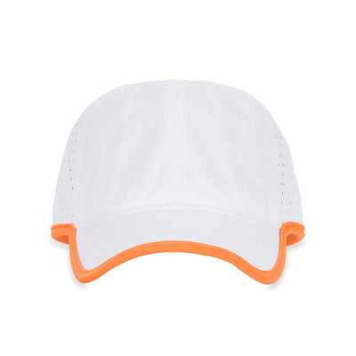 front view of white sport hat with orange trim.