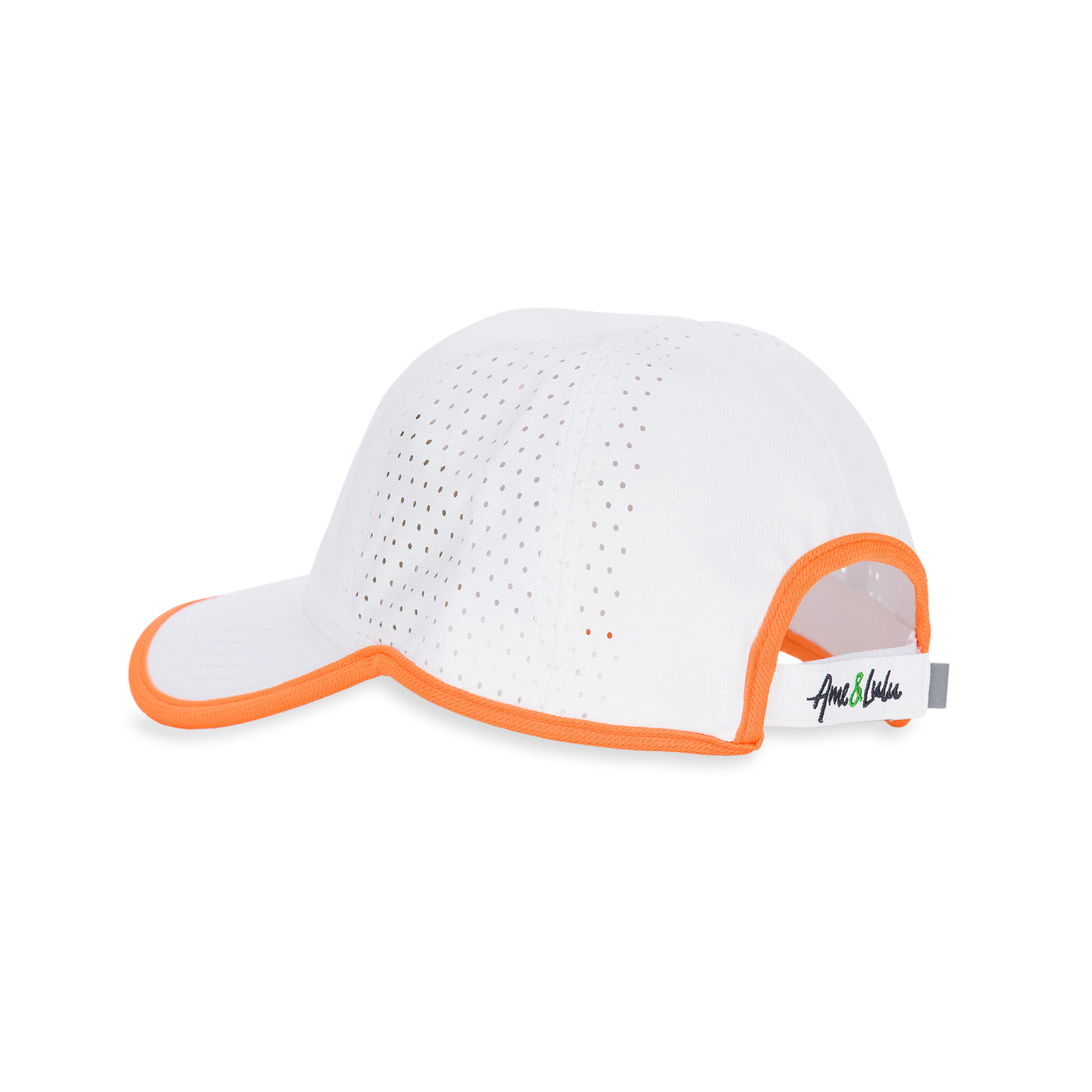 side view of white sport hat with orange trim.