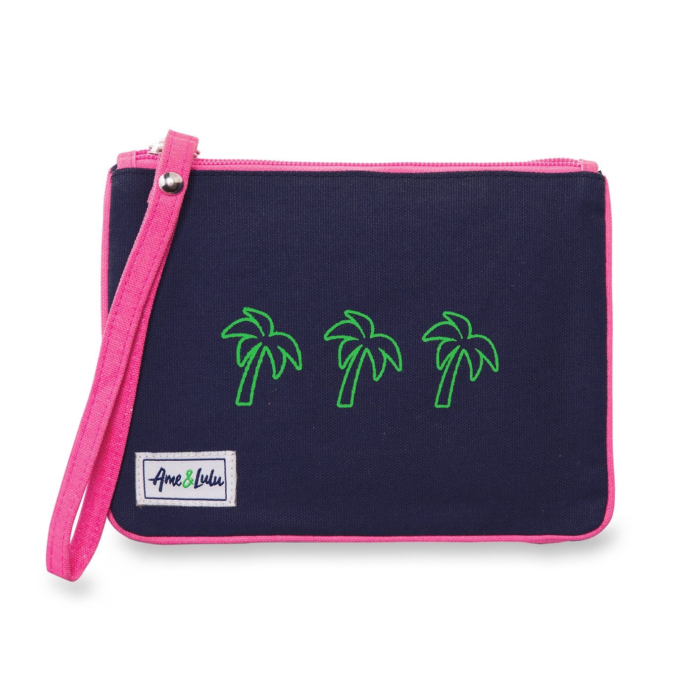 Small navy canvas wristlet pouch with hot pink trim and strap. Front has three green palm trees in a line printed on