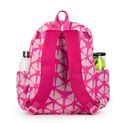 Back view of hot pink tie dye kids tennis backpack.