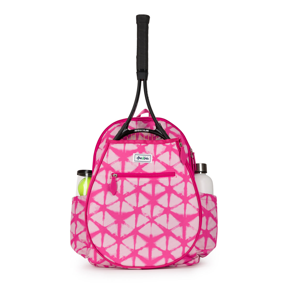 Front view of hot pink tie dye kids tennis backpack.