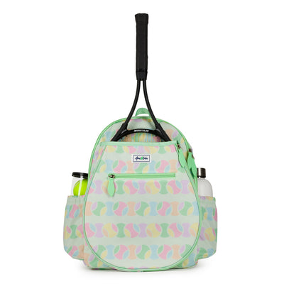 Front view of light green kids tennis backpack with repeating pastel tennis ball pattern.