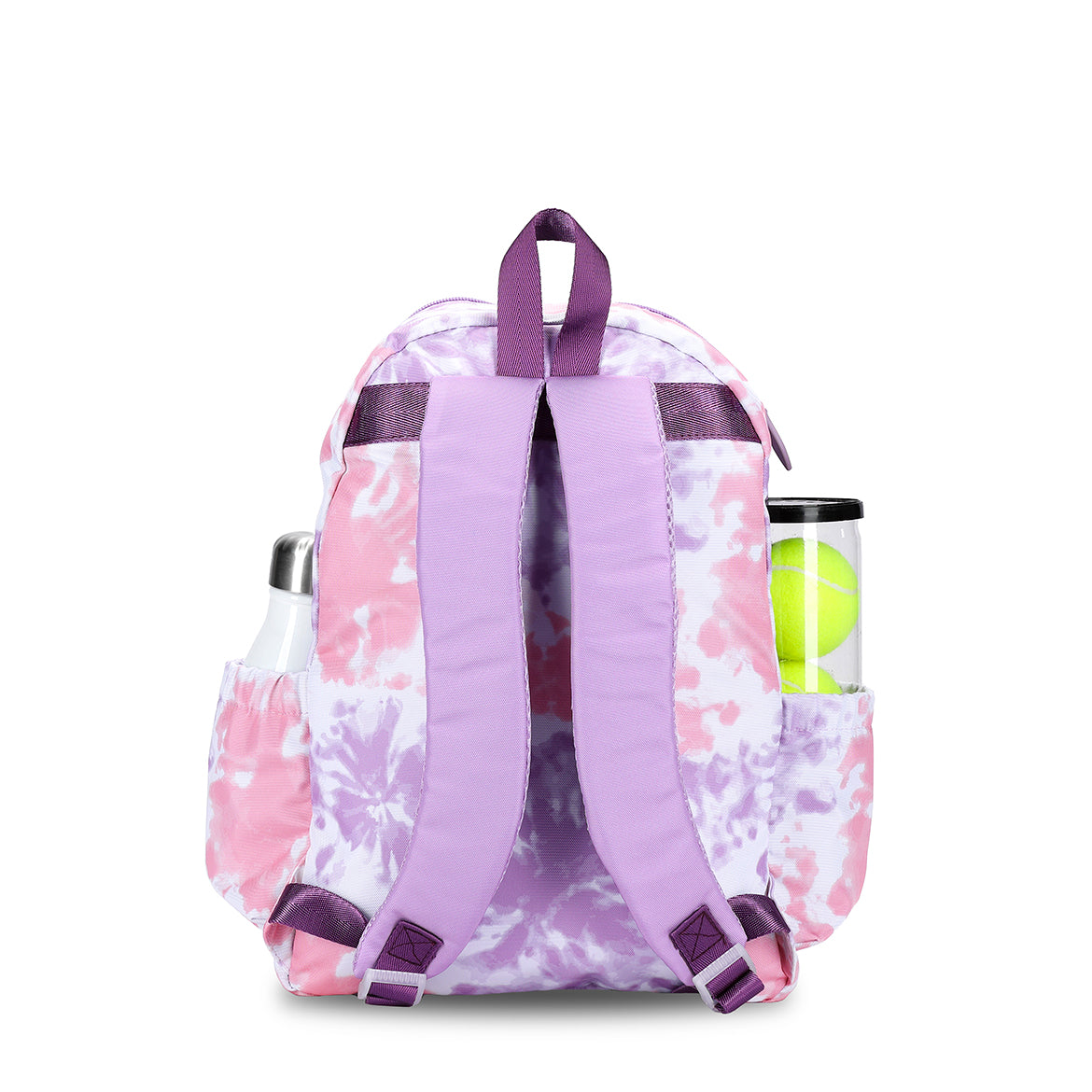 Back view of a pink and purple tie dye kids tennis backpack. There is a racquet pocket in the front for holding a tennis racquet.