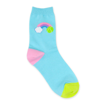 blue kids crew sock with pink and green heel and toes, with rainbow stitched on side of sock