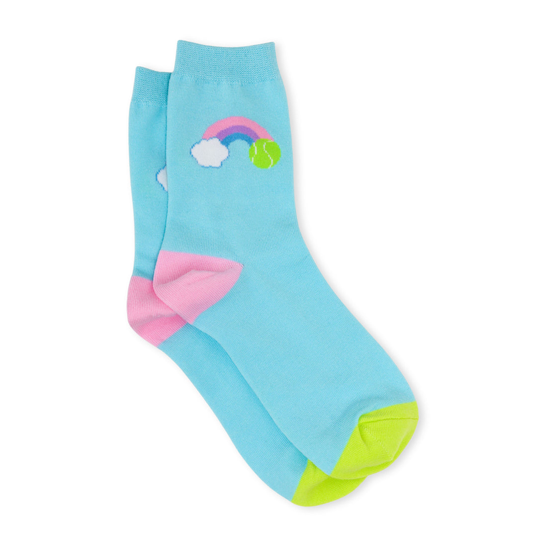 pair of blue kids crew socks with pink and green heel and toes, with rainbow stitched on side of sock