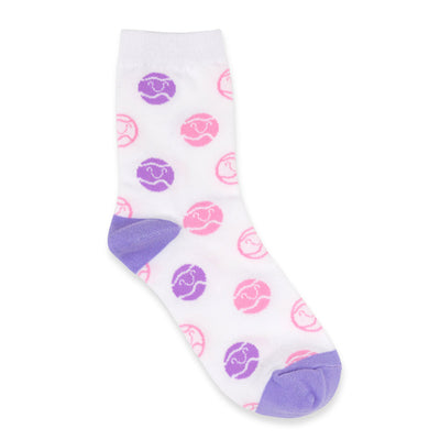 white kids crew sock with purple and pink smiling tennis balls stitched all over socks