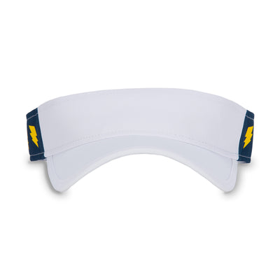 Front view of navy kid visor with lightning bolts and tennis balls printed on sides.
