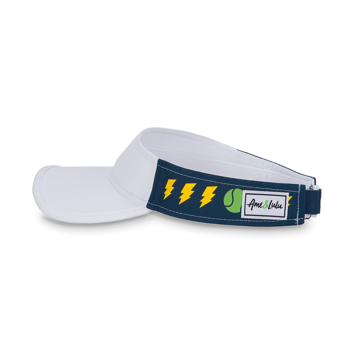 Side view of navy kid visor with lightning bolts and tennis balls printed on sides.