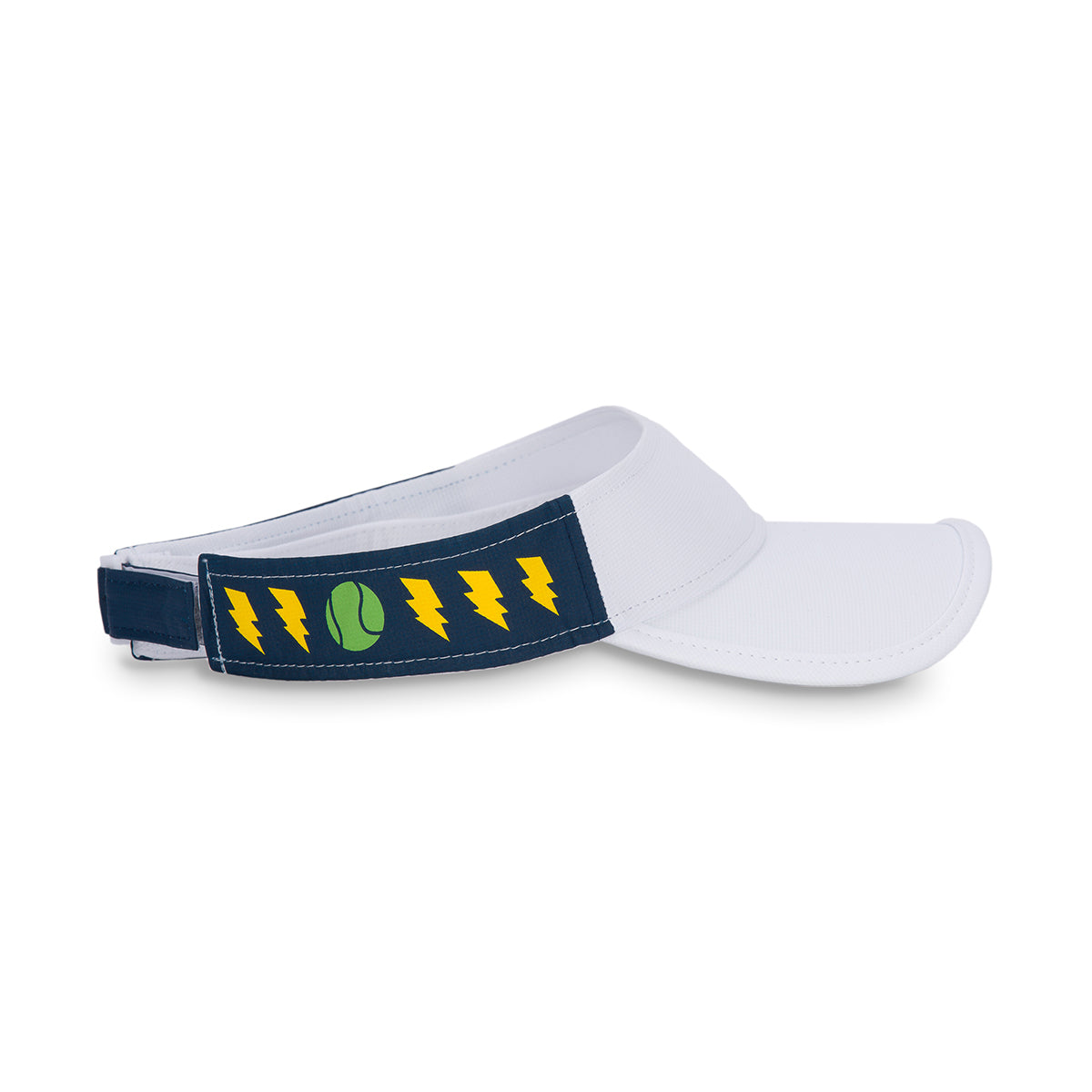 Side view of navy kid visor with lightning bolts and tennis balls printed on sides.