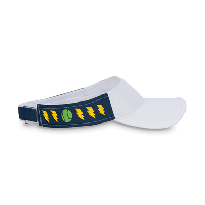 Side view of navy kid visor with lightning bolts and tennis balls printed on sides.