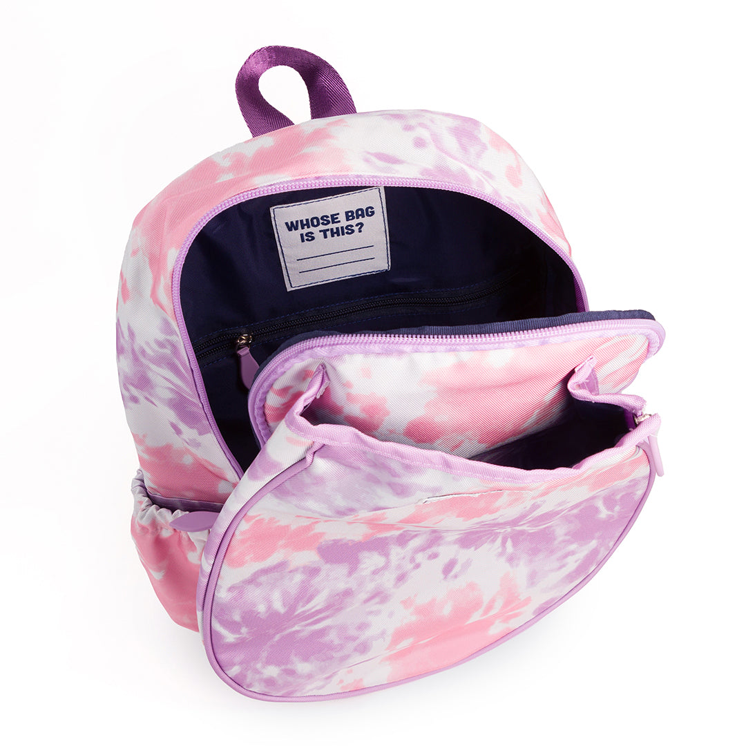 Inside view of a pink and purple tie dye kids tennis backpack. There is a racquet pocket in the front for holding a tennis racquet.